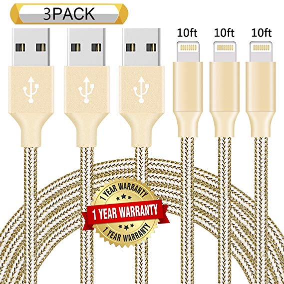 iPhone Charger,Youer MFi Certified Lightning Cable 3 Pack 10FT Extra Long Nylon Braided USB Charging & Syncing Cord Compatible iPhone Xs/Max/XR/X/8/8Plus/7/7Plus/6S/6S Plus/SE/iPad/Nan Gold