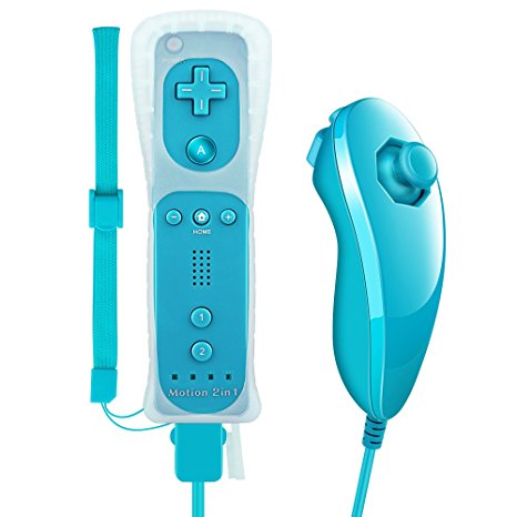 Wii Remote Plus,XW05 Nintendo Wii Controller and Nunchuck Built-in Motion Plus Vibration Motor With Silicone Case Wrist Strap For Wii And Wii U-Blue