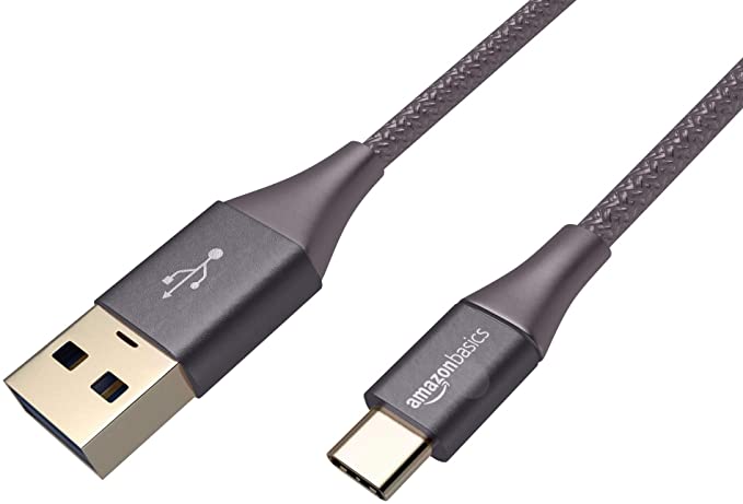 AmazonBasics Double Braided Nylon USB Type-C to Type-A 3.1 Gen 1 Charger Cable | 3 feet, Dark Grey