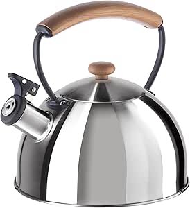 OGGI Tea Kettle for Stove Top - 85oz / 2.5lt, Stainless Steel Kettle with Loud Whistle & Stay-Cool Wood Handle, Ideal Hot Water Kettle and Water Boiler - Silver Mirror