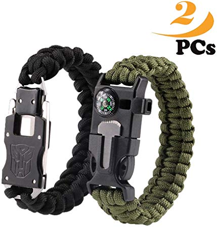 Survival Bracelets,Paracord bracelet, Self-defense stainless steel knife, Emergency Outdoor Paracord Survival Bracelet with Multi Tool - Embedded Compass, Fire Starter, Emergency Knife, Whistle, Rescue Rope for Hiking Traveling ,2Pcs