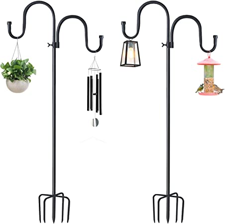 78 Inch Double Shepherds Hook for Outdoor,Bird Feeder Pole with 5 Prongs Base,Adjustable Heavy Duty Garden Hanging Holder for Solar Lights,Planting Hanger,Weddings Decor,Hummingbird Feeder(2 Pack)