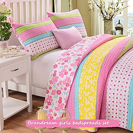 Brandream Twin Full Queen Size Pink Polka Dot Stripe Floral Quilt Set