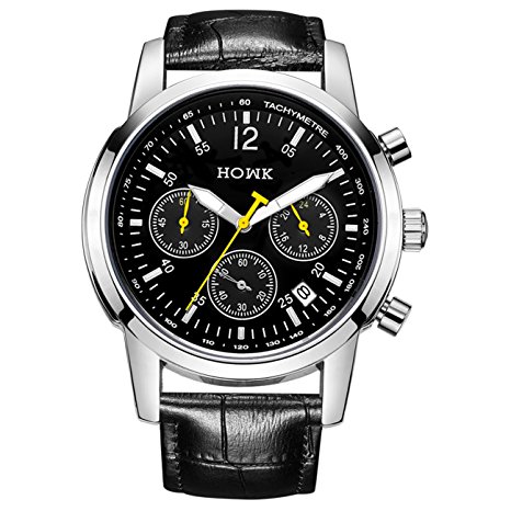 HOWK Men's Chronograph Quartz Watch with Luminous Date Calender Analogue Display and Black Leather Strap