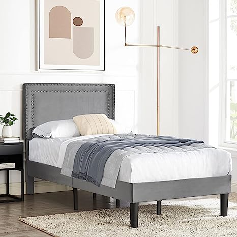 VECELO Twin Size Platform Bed Frame with Height Adjustable Upholstered Headboard, Modern Mattress Foundation,Strong Wood Slat Support, No Box Spring Needed, Easy Assembly