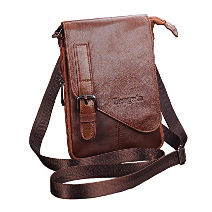 Hengying Leather Small Man Bags Mens Small Shoulder Bag Mini Messenger Bag for Men Phone Belt Pouch Holster with Clip and Loop for iPhone 7 Plus 6S Plus Huawei Mate 8 9 (Brown)