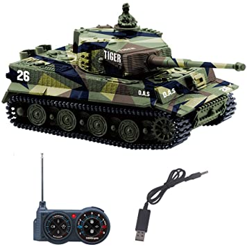 YouCute mini RC Tank with USB charger cable Remote Control Panzer tank 1:72 German Tiger I with Sound, Rotating Turret and Recoil Action When Cannon Artillery Shoots 27MHz(Green)