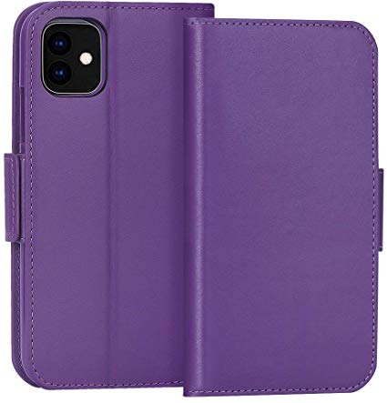 FYY Case for iPhone 11 6.1”, Luxury [Cowhide Genuine Leather][RFID Blocking] Wallet Case, Handmade Flip Folio Case Cover with [Kickstand Function] and[Card Slots] for Apple iPhone 11 6.1” Purple