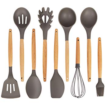 K Kwokker 9 Pieces Silicone Kitchen Cooking Utensils Set,Wooden Handle Cooking Kitchen Accessories Tool Set,Heat-resistant Soup Ladle Spoon Slotted Shovel Turner Spatula Egg Whisk Kitchen Tool