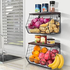 2pcs Fruit Basket Kitchen Storage Basket with Wood Lid, Stackable Wall Basket Fruit Basket for Kitchen, Countertop Organizer for Snack, Fruit and Vegetable Storage, 11.8 x 7.9 x 8.5 Inch