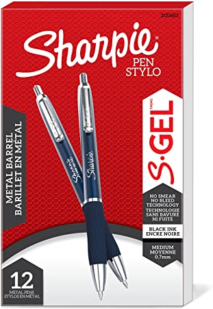 Sharpie S-Gel, Gel Pens, Sleek Metal Barrel, Midnight Blue, Medium Point (0.7mm), Black Ink, 12 Count