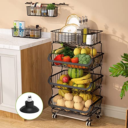 Fruit Basket, 1Easylife 4 Tier Stackable Metal Wire Basket Cart with Rolling Wheels, Utility Rack for Kitchen, Pantry, Garage, With 2 Free Baskets (4 tier)