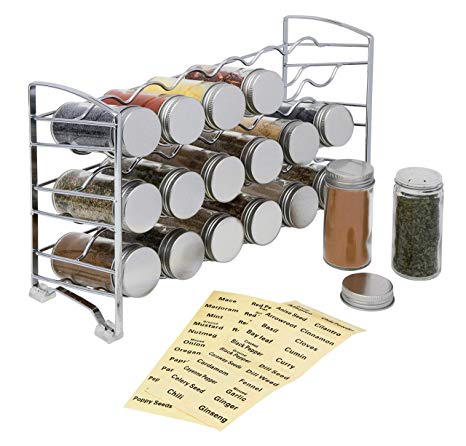 Amtido Spice Rack with 18 Empty Glass Spice Jars Bottles and 48 Spice Labels - Chrome
