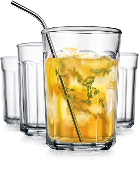 Durable Set of 4 Clear Working Glasses, 21-ounce Ice Tea Drinking Glasses, 4 Stainless Steel Straws Included in Glassware Set