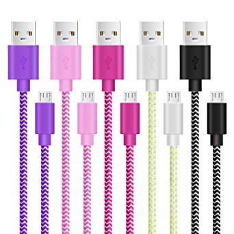 6ft Micro USB Cable, Pofesun 5 Pack 6FT Nylon Braided Micro USB Cable USB 2.0 A Male to Micro B Sync and Charging Cord for Samsung, HTC, Motorola, Nokia, Android, (Black White Pink Purple Rose)