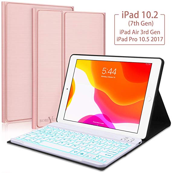 New iPad 10.2 7th Generation 2019 Keyboard Case, Boriyuan 7 Colors Backlit Detachable Keyboard Slim Leather Folio Smart Cover for iPad 10.2 Inch/iPad Air 3 10.5"(3rd Gen)/iPad Pro 10.5 inch–Rose Gold