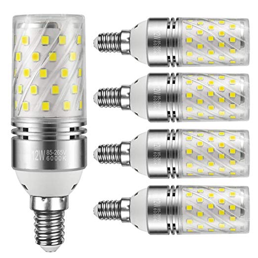 Yiizon 12W LED Corn Bulbs, Candelabra LED Light Bulbs, 6000K Daylight White, 1200LM, E14 Base, 100W Incandescent Equivalent, Non-dimmable, Pack of 5