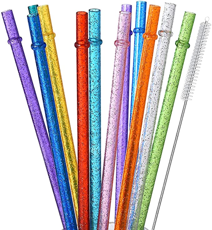 ALINK 12-Pack Glitter Reusable Clear Plastic Straws, 11" Long Hard Tumbler Drinking Straws with Cleaning Brush (10 Colors)