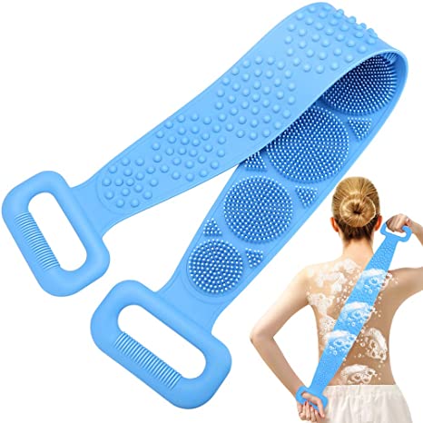 HAPYTHDA Silicone Back Scrubber for Shower, Exfoliating Long Bath Body Brush with Soft Bristles for Men and Women, Improves Blood Circulation and Skin Health,Blue