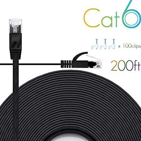 Ethernet Cable Cat6 200 Ft Flat with Cable Clips, comtelek cat 6 Ethernet Rj45 Patch Cable, Slim Network Cable, Thin Internet Computer Cable - 200 Feet Black(60 Meters)