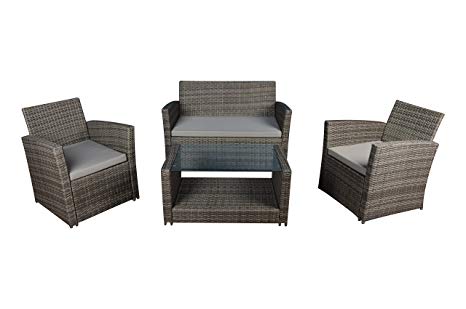 Modern Outdoor Garden, Patio 4 Piece Set - Wicker Sofa Furniture Set (Grey/Grey)