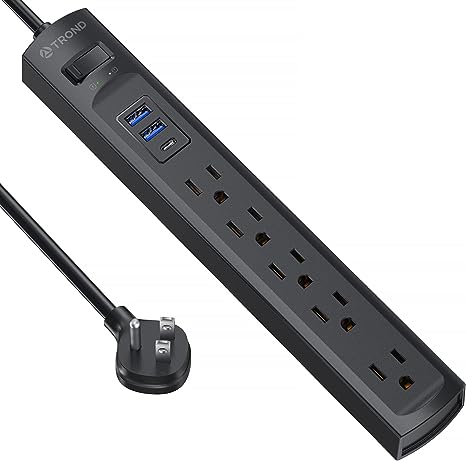 Power Strip Surge Protector, TROND 5 Widely Spaced Outlets with 3 USB Ports(1 USB C), 6Ft Extension Cord, Flat Plug, 1440J Surge Protection, Wall Mount for Home Office Dorm Room Essentials, Black