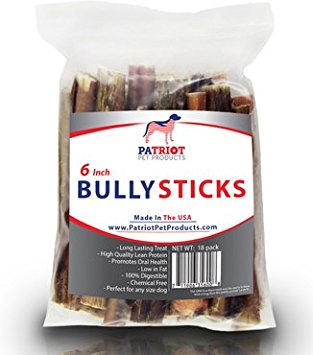 Patriot Pet Natural Low Odor Pizzles American Beef Low Fat High Protein USDA Approved 6- Inch Bully Sticks Chews for Dogs, Pack of 18