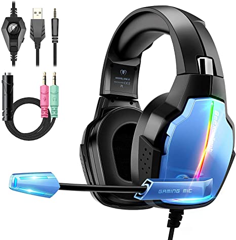 Gaming Headset PS4, Deep Bass Surround Sound Stereo Xbox One Headset, Beexcellent Gaming Headset with Microphone, LED Light & Noise Isolation, PS4 Gamer Headset Compatible with PC, PS4, Xbox One