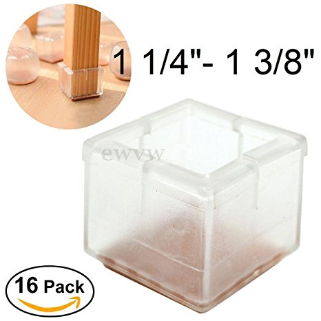16 X Pcs Chair Leg Caps Furniture Feet Pads Table Covers Square Opening Anti-slip Prevent Scratches.silicone Wood Floor Protectors (Clear) (Small, Fits Legs 1 1/8 - 1 1/4")