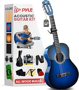 Pyle Beginner Acoustic Guitar Kit, 1/2 Junior Size All Wood Build Nylon String Instrument with Capo, Strap, Extra String Set, Gig Bag, Guitars for Beginners Adults Youth, 34" Blue Burst Gloss