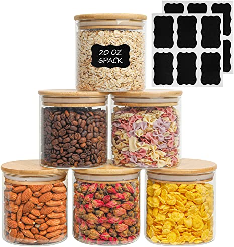 ComSaf 20 oz Glass Food Storage Jars Set of 6, Clear Storage Containers with Airtight Bamboo Lid, Pantry Organization Jar, Spice, Blooming Tea, Coffee and Sugar Container, Canister Set for Kitchen