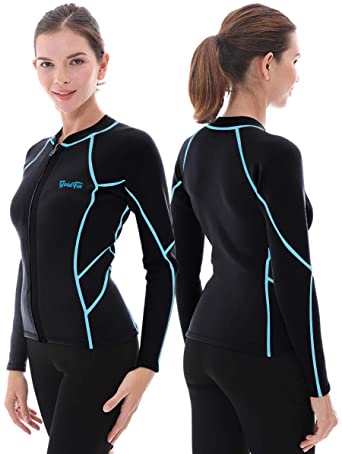 GoldFin Womens Wetsuit Top, 2mm Neoprene Wetsuit Jacket Long Sleeve Front Zip Wetsuit Shirt for Swimming Water Aerobics Diving Surfing Kayaking…