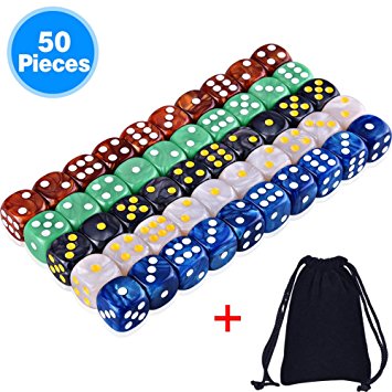 Austor 50 Pieces 6-Sided Game Dice Set (Free Pouch), 5 Pearl Colors Rounded Edges Dice for Tenzi, Farkle, Yahtzee, Bunco or Teaching Math