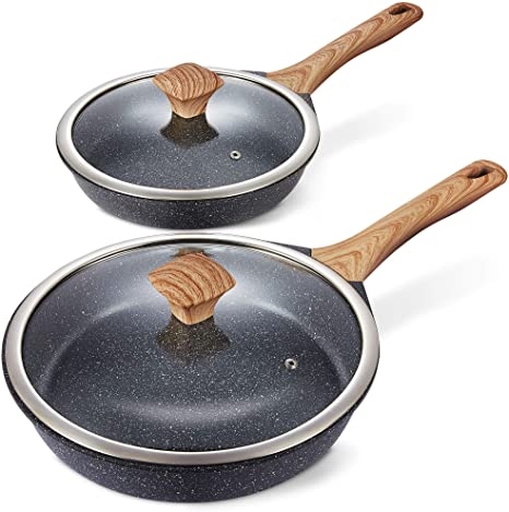 Miusco Nonstick Frying Pan Set with Lids, 10" & 12", Natural Granite Stone Coating, Premium PFOA Free Skillets with Ergonomic Bakelite Cool Touch Handle, All Stoves Compatible