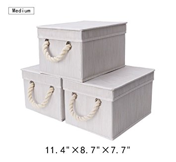 StorageWorks Polyester Storage Bin with Strong Cotton Rope Handle and Lid, White, Bamboo Style, Medium, 3-Pack