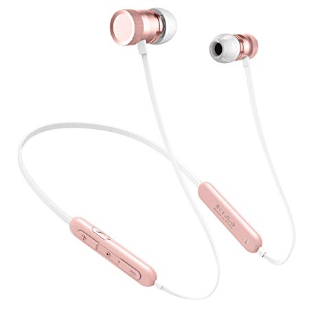 Picun Wireless Headphones, 20H Playback Bluetooth 5.0 Neckband In-Ear Headphones HiFi Stereo Sound with Mic, IPX5 Sweatproof Sports Earphones Anti-Fall off Magnetic Earbuds for Running Gym -Rose Gold