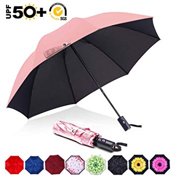 ABCCANOPY Umbrella Compact Rain&Wind Teflon Repellent Umbrellas Sun Protection with Black Glue Anti UV Coating Travel Auto Folding Umbrella, Blocking UV 99.98%