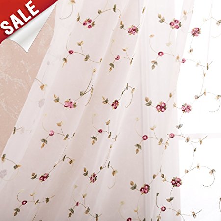 Floral Embroidered Sheer Curtains for Living Room, Rose Buds Rod Pocket Retro Voile Drapes for Living Room (One Pair, 84", Red)