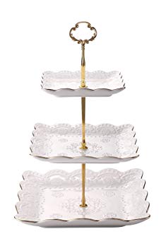 3-Tier Square Ceramic Cupcake Stand - Golden Edge Elegant Embossed Porcelain Dessert Display Cake Stand - For Birthday Weddings Tea Party