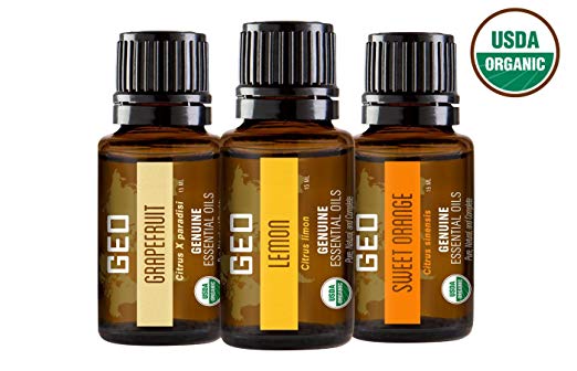 Organic Citrus Essential Oil Set | Only $20 with $18 Coupon | Grapefruit, Lemon, Sweet Orange Organic Essential Oils | 15 ml Bottles | USDA Organic. Certified by CCOF | Sold by GEO Oils