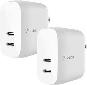 Belkin 40W Dual Port USB-C Wall Charger, USB Type C Charger Fast Charging for iPhone 15, 15 Plus, 15 Pro, 15 Pro Max, 14, 14 Pro, 14 Pro Max, iPhone 13 Series, Galaxy S23, iPad, AirPods & More, 2-Pack