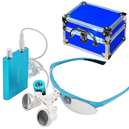Carejoy CE 2.5x 420mm Dental Surgical Binocular Loupes   Head Light Lamp   Aluminum Box, Free DHL Shipping (Blue)