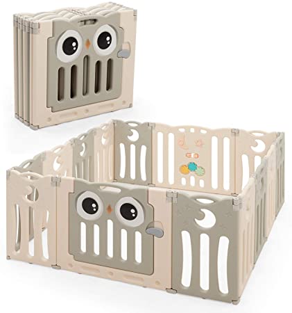 COSTWAY Baby Playpen, Safety Activity Center with Owl Pattern Lock Door, Rubber Pads & Anti-Slip Bases, Foldable Play Yard Fence for Babies, Toddlers (14 Panel, Beige)