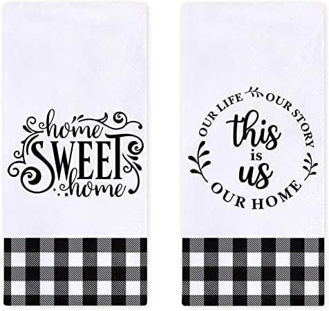 Farmhouse Family Kitchen Dish Towels Set of 2, Black White Buffalo Check Plaids Ultra Absorbent Fast Drying Cloth Decorative Tea Towels for Cooking and Baking 18 x 28 Inches