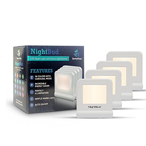 Best LED Night Light for Kids - Perfect Illumination Sensor w/ 16 Colors & Carousal Mode - Comforting Kids Night Light - Eco-friendly 30 Cents/Year - Modern Night Light Plug In (4 Pack NightBud)