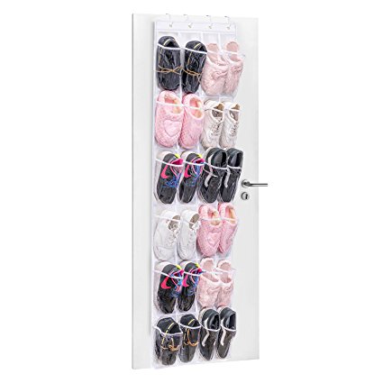 24 Pockets Over the Door Shoe Storage, MaidMAX Hanging Organizer Shoe Racks Foldable Wardrobes Storage Bag with Hooks, Clear & White