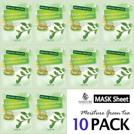 Collagen Facial Sheet Mask Pack (10 Sheets) Face Treatment [NAISTURE] Essence Face Masks - 15 Minute Application For Moisturizing Revitalizing Hydration 0.8 oz, Made in Korea - Moisture Green Tea