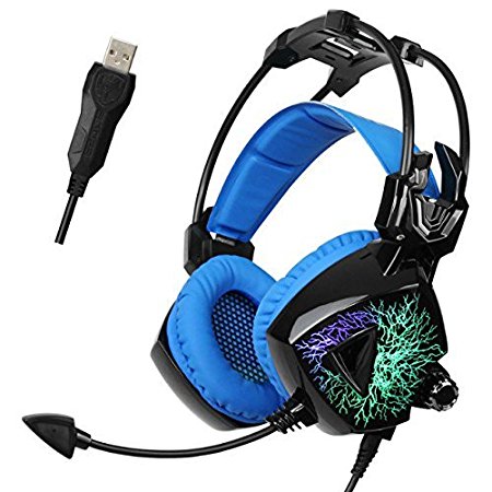 SADES Updated MoLing USB Multi-colors Flashing LED Light Stereo Gaming Headset Headband Headphone with Microphone/Volume-control/Noise-isolating for PC Mac Computers (Black Blue)