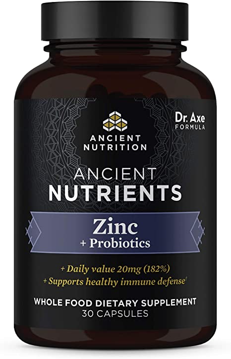 Zinc   Probiotics, 20 mg, Ancient Nutrients Zinc Whole Food Dietary Supplement, Formulated by Dr. Josh Axe, Immune System Support, Made Without GMOs, Superfood Supplement, 30 Capsules