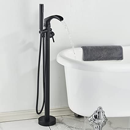 Votamuta Modern Floor Mounted Bathtub Faucet Shower System Freestanding Tub Filler Standing Tub Faucet Matte Black Finish Dual Functions Waterfall Spout Filler with Hand Shower